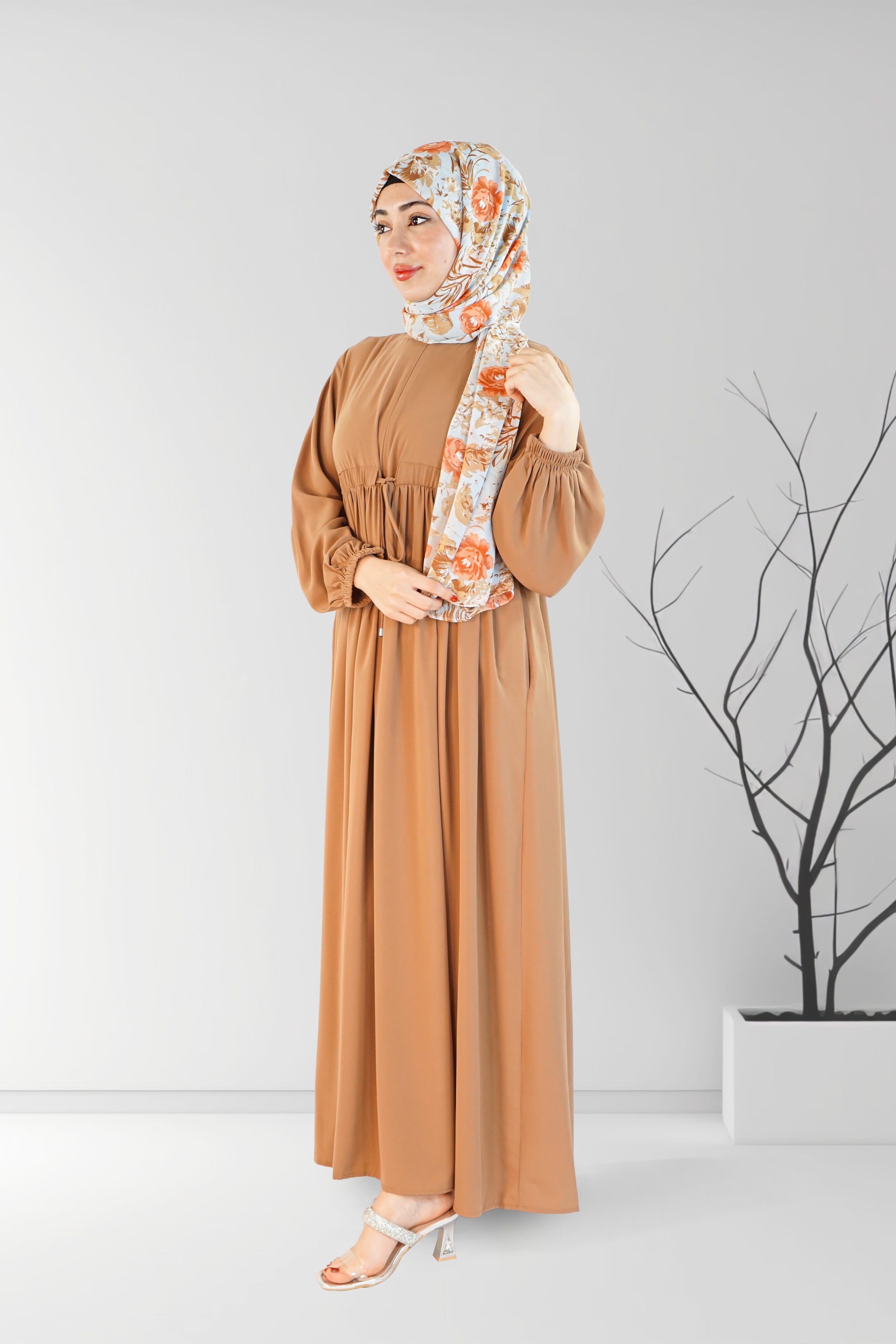 Long Summer Dress with Belt Caramel | Almanaar Islamic Store