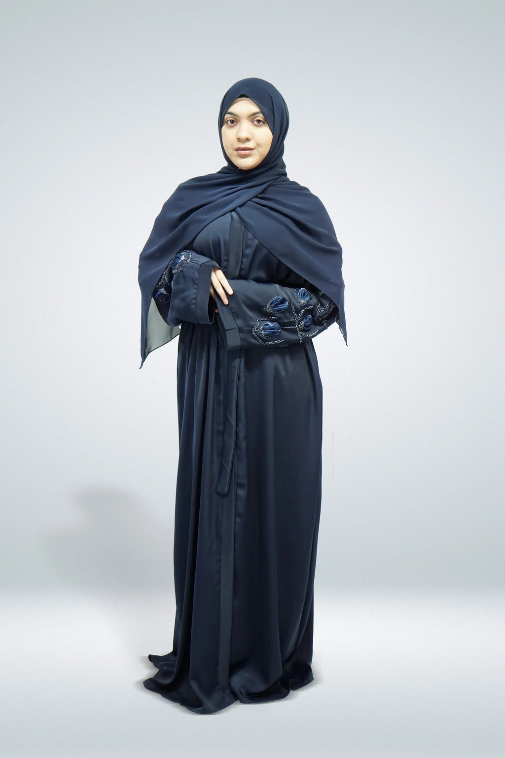 Navy Open Abaya with Belt and Intricate Sleeve Work - almanaar Islamic Store