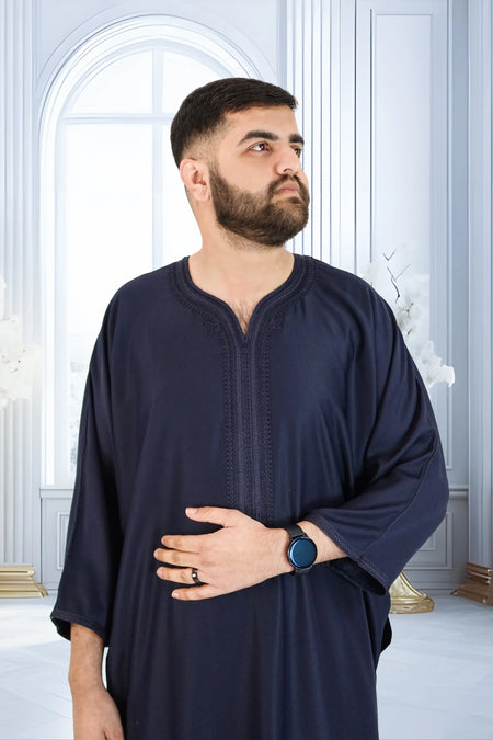 Moroccan Gabardine Short Sleeve Thobe - Navy - almanaar Islamic Store