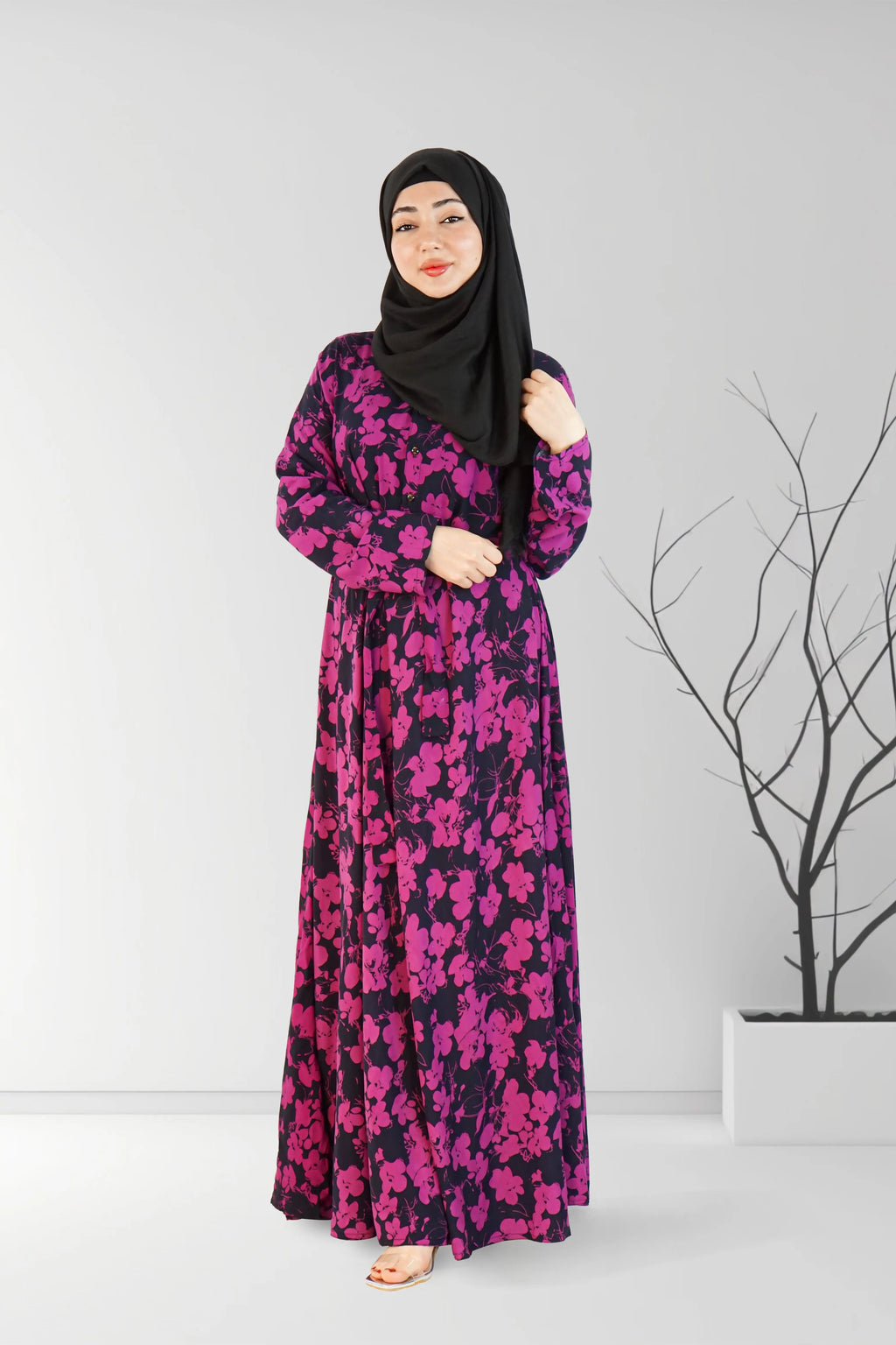 Printed Floral Long Dress Purple and Black | Almanaar Islamic Store