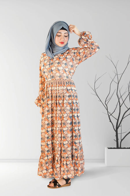 Floral Printed Long Pleated Dress | Almanaar Islamic Store