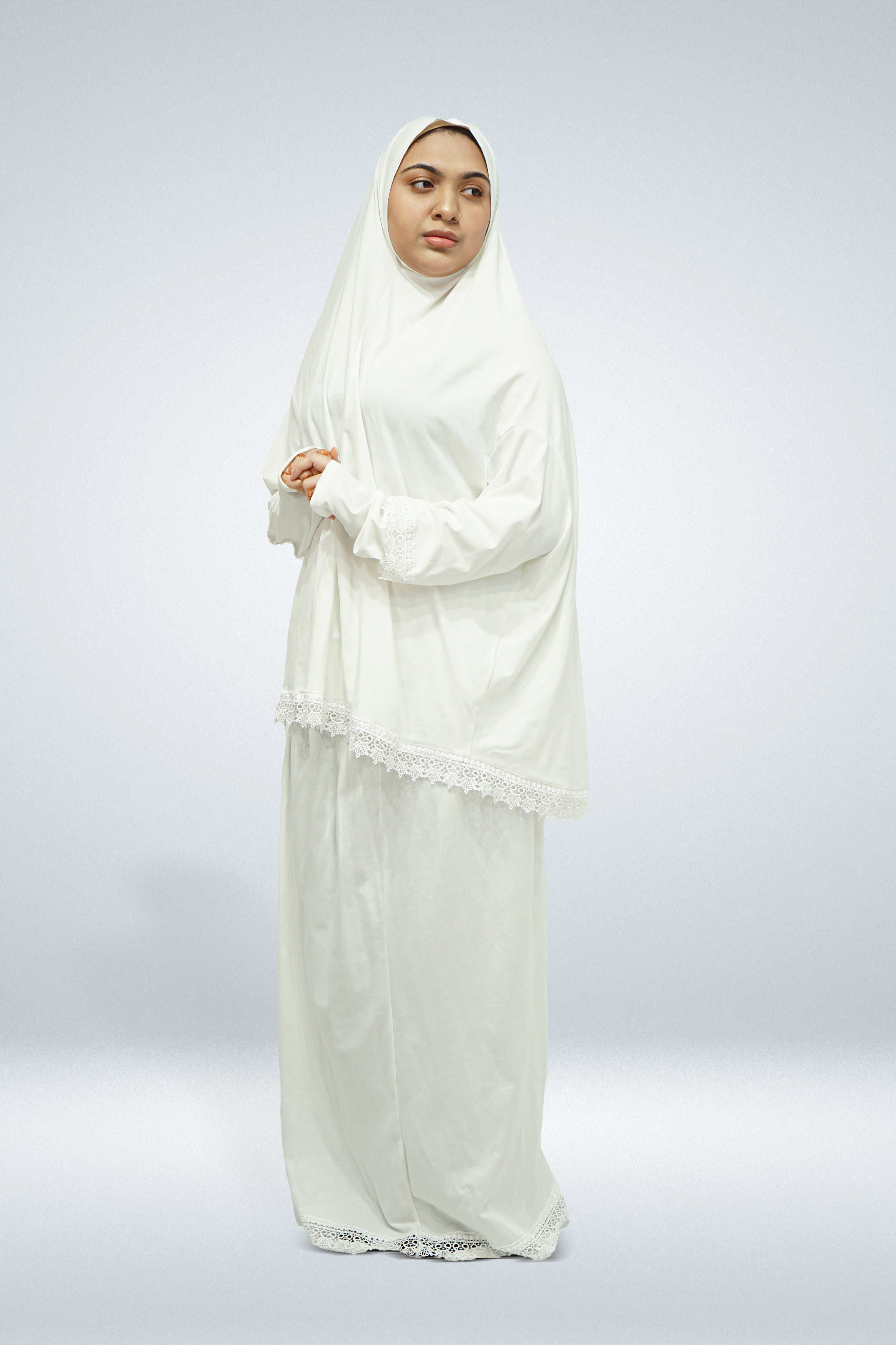 Two-Piece Prayer Cloth Set with Lace White - almanaar Islamic Store