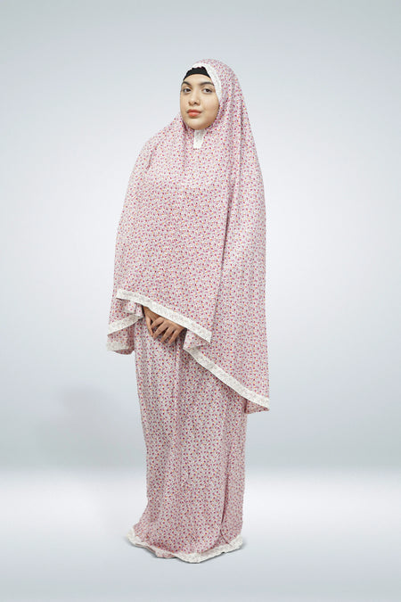 Two Piece Jersey Material Printed Prayer Dress with Lace Pink - almanaar Islamic Store