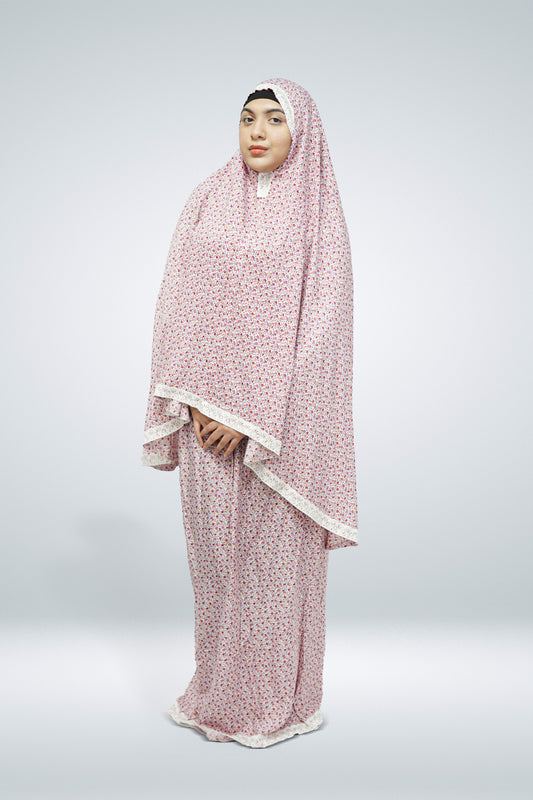 Two Piece Jersey Material Printed Prayer Dress with Lace Pink