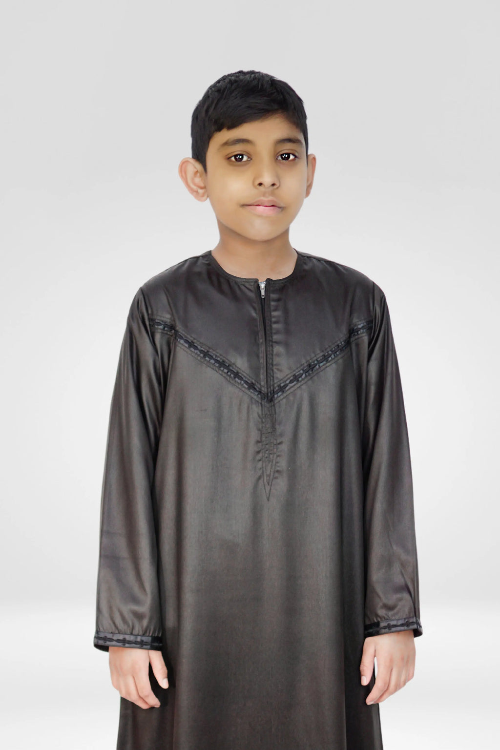 Omani Style Shiny Collarless Kids Thobe With Zip- Black almanaar