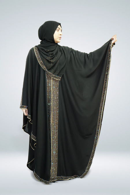 Black Open Farasha with Heavy Stone Work Border - almanaar Islamic Store