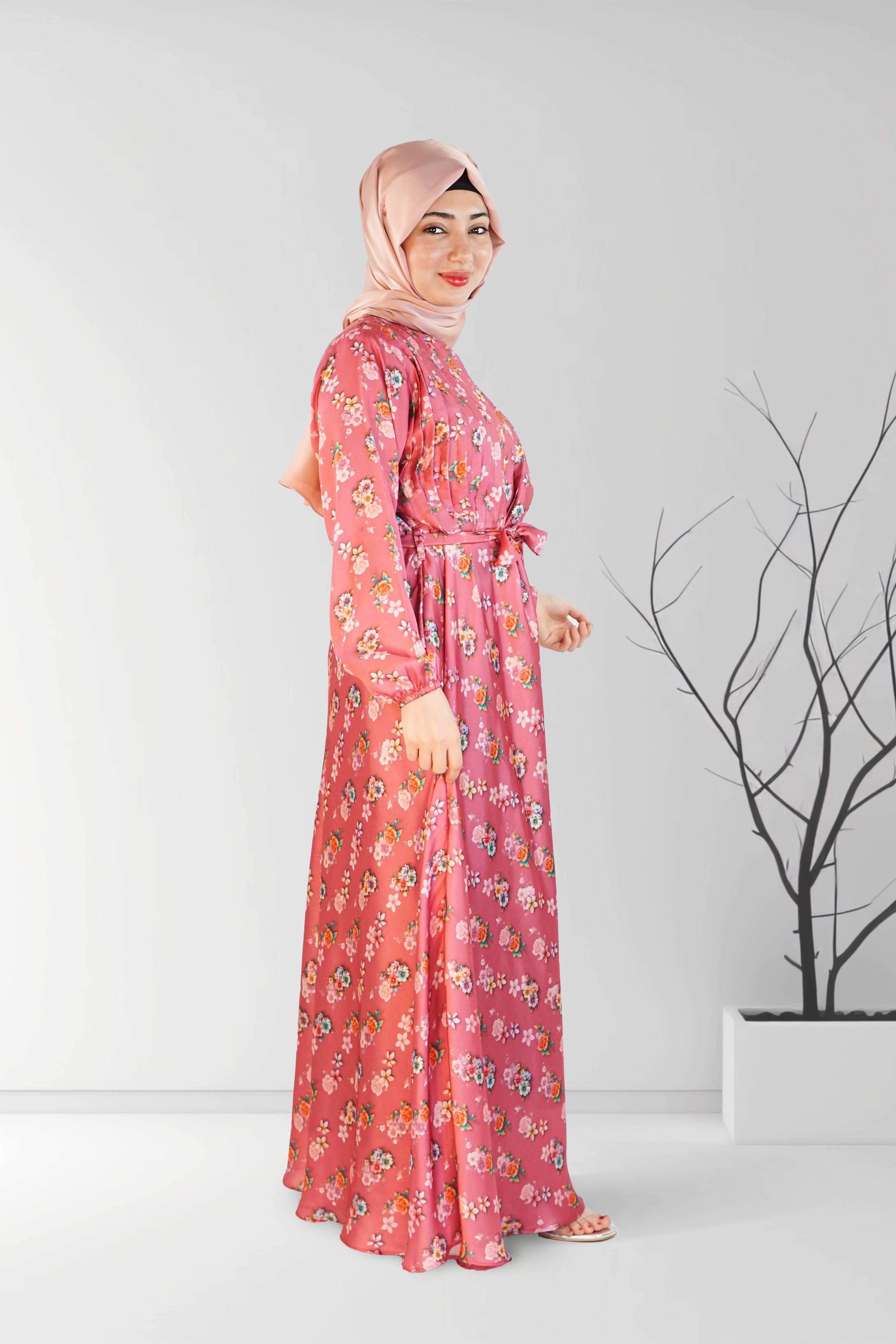 Satin Floral Printed Long Dress with belt | Almanaar Islamic Store