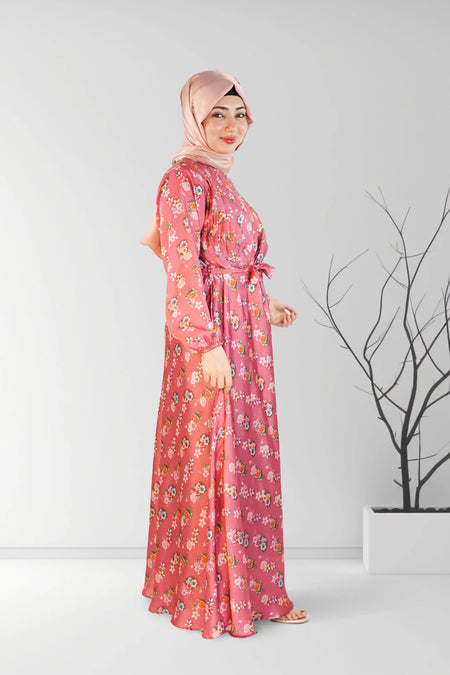 Satin Floral Printed Long Dress with belt | Almanaar Islamic Store