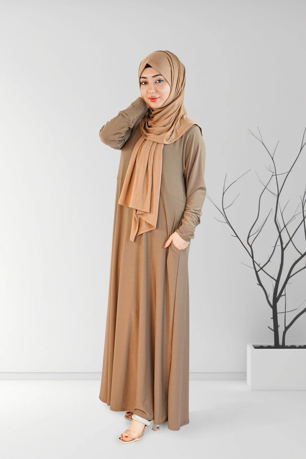 Caramel Flared Plain Jersey Abaya | Almanaar Islamic Store