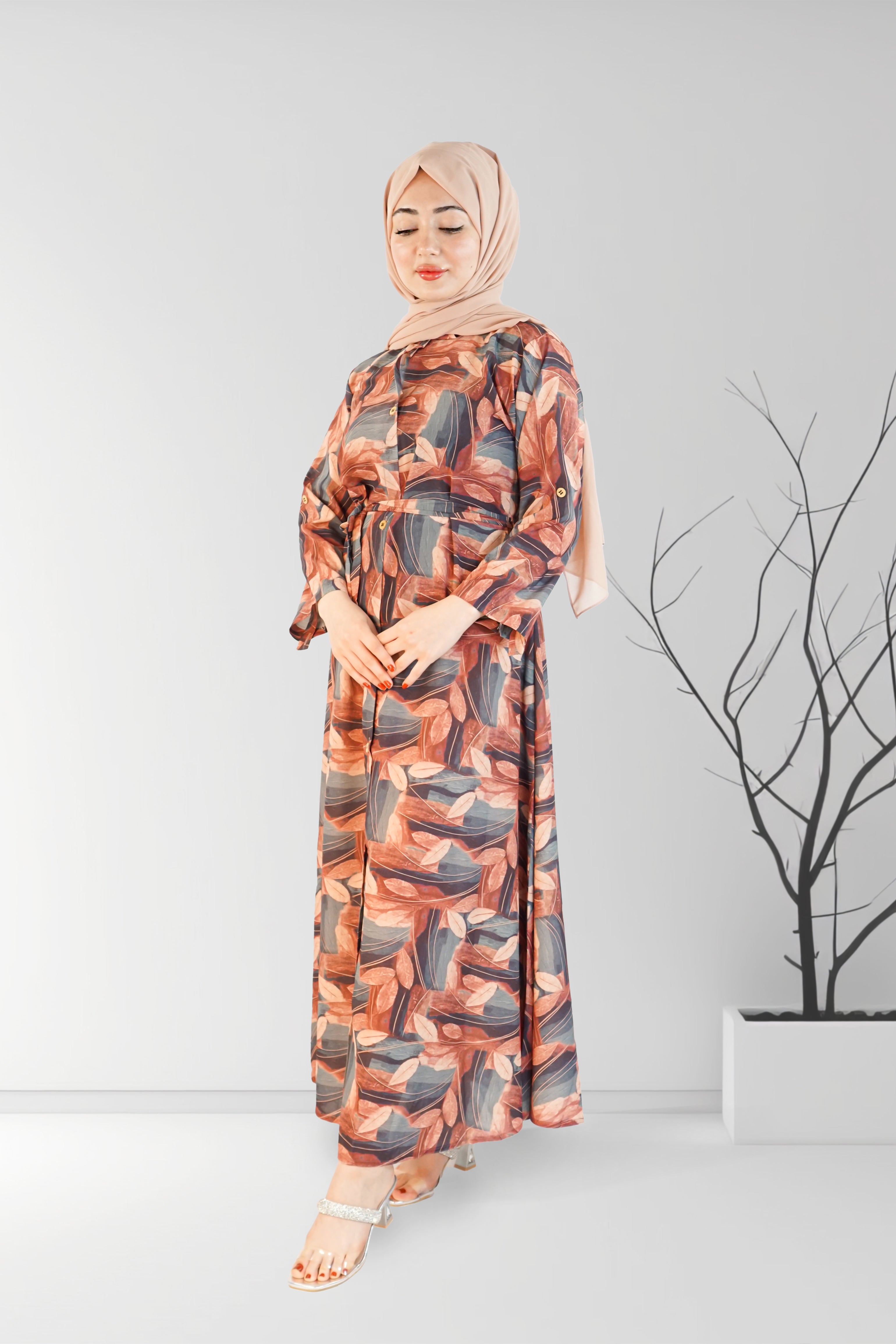 Printed Floral Long Dress with Open Button Collar Neck | Almanaar Islamic Store