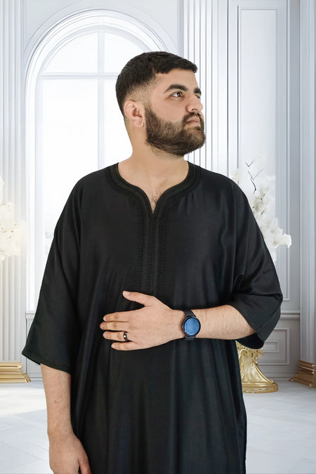 Moroccan Gabardine Short Sleeve Thobe - Black - almanaar Islamic Store