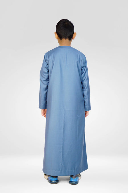 Omani Style Collarless Kids’ Thobe with Zip – Sky Blue - almanaar Islamic Store