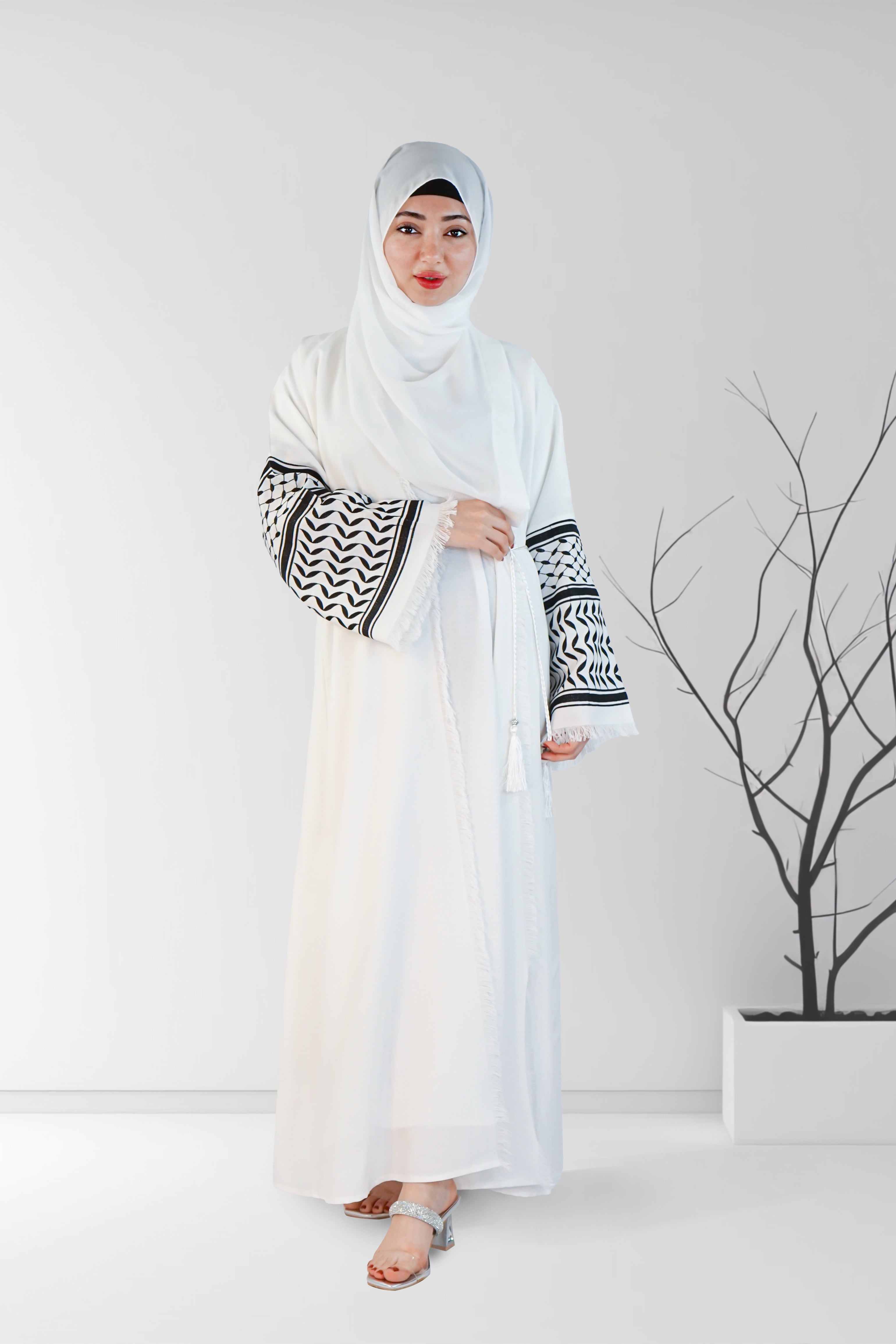 Palestinian Embroidery 3-Piece Open Abaya White - almanaar Islamic Store