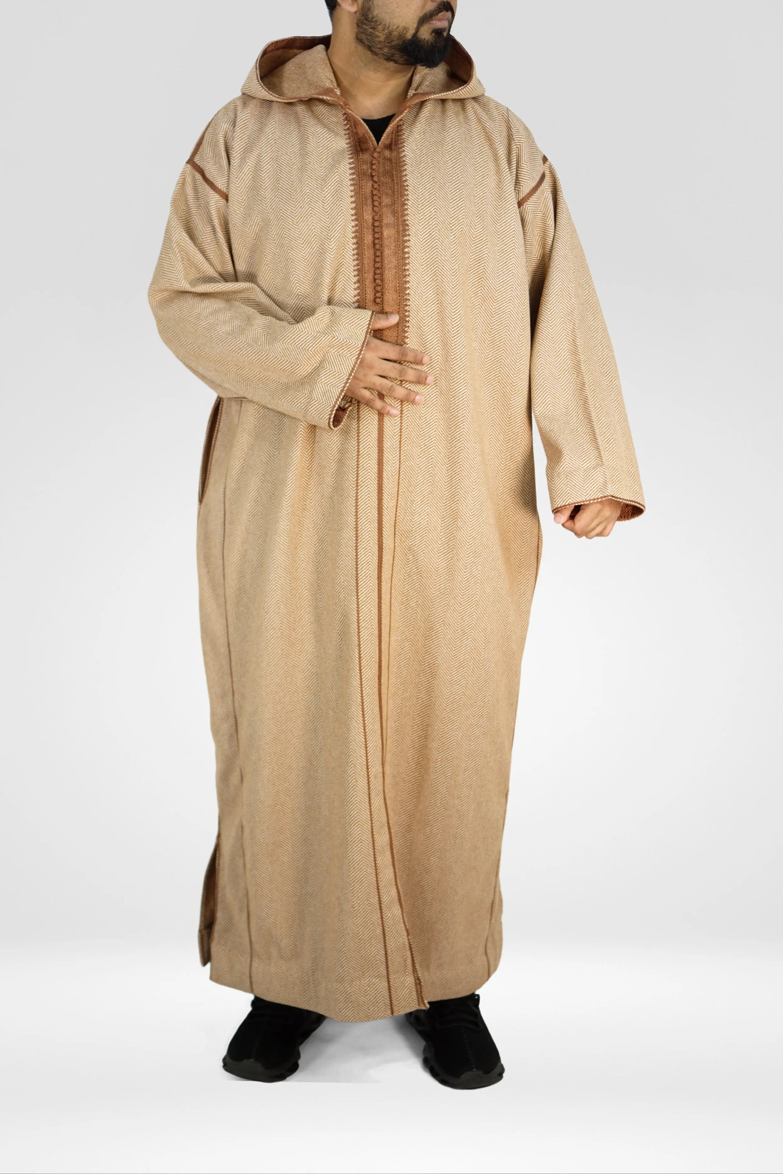 Shabron Thick Winter Thobe With Hoodie - Beige and Brown almanaar Islamic Store