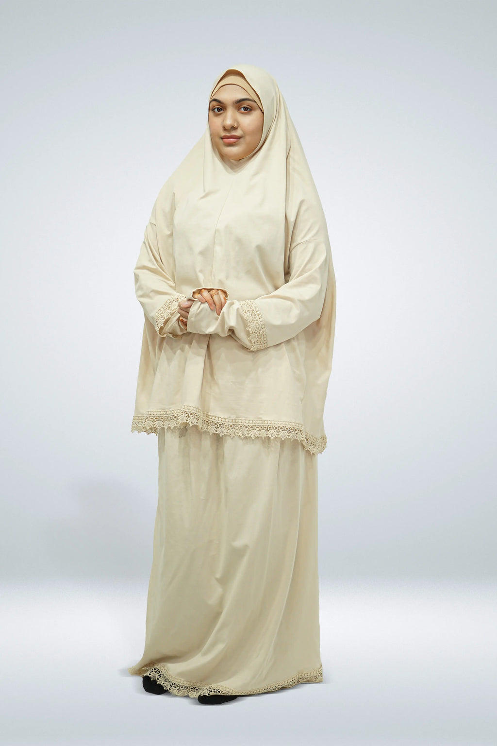 Two-Piece Prayer Cloth Set with Lace Beige - almanaar Islamic Store