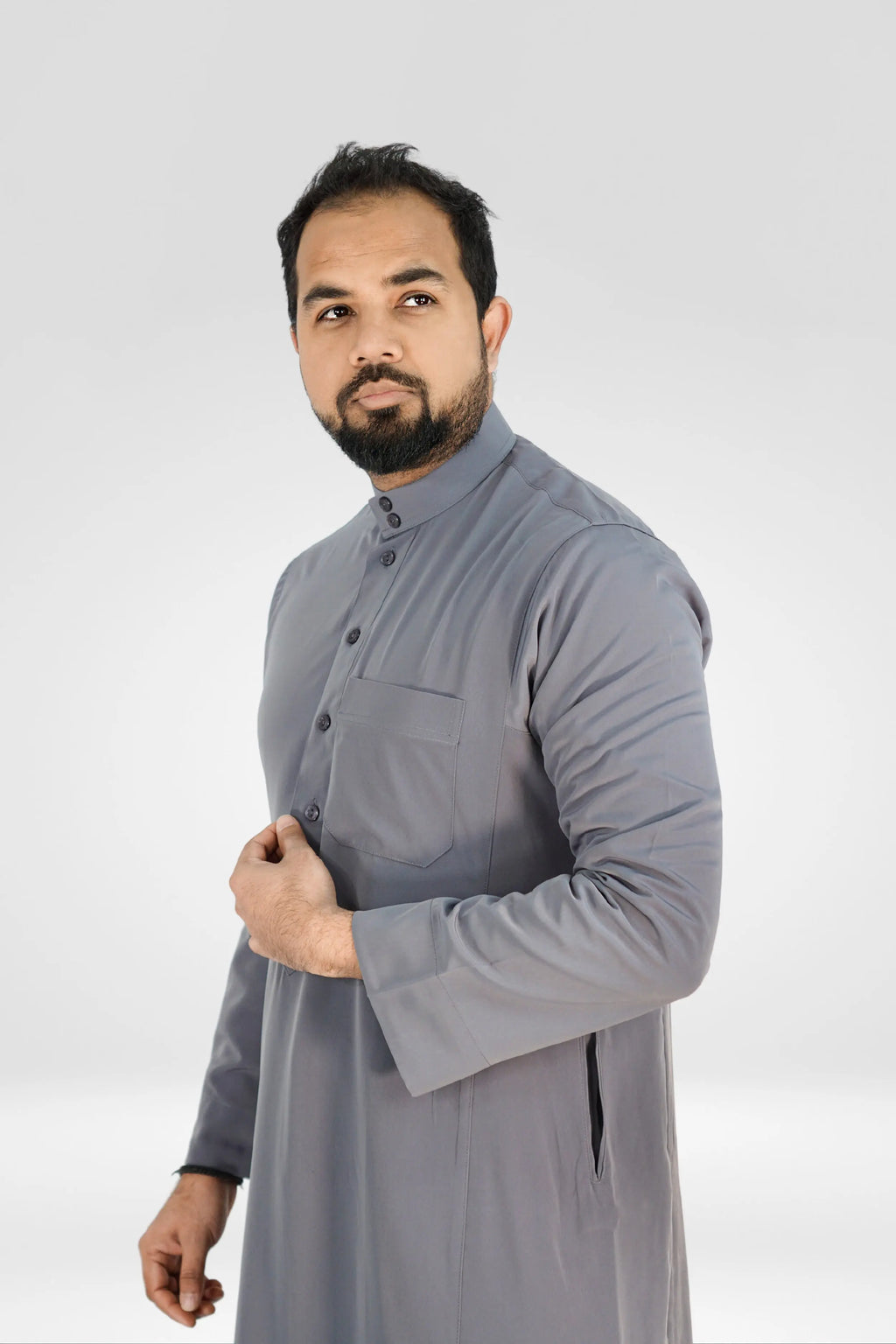 Plain Classic Saudi Thobe With Collar Grey almanaar Islamic Store