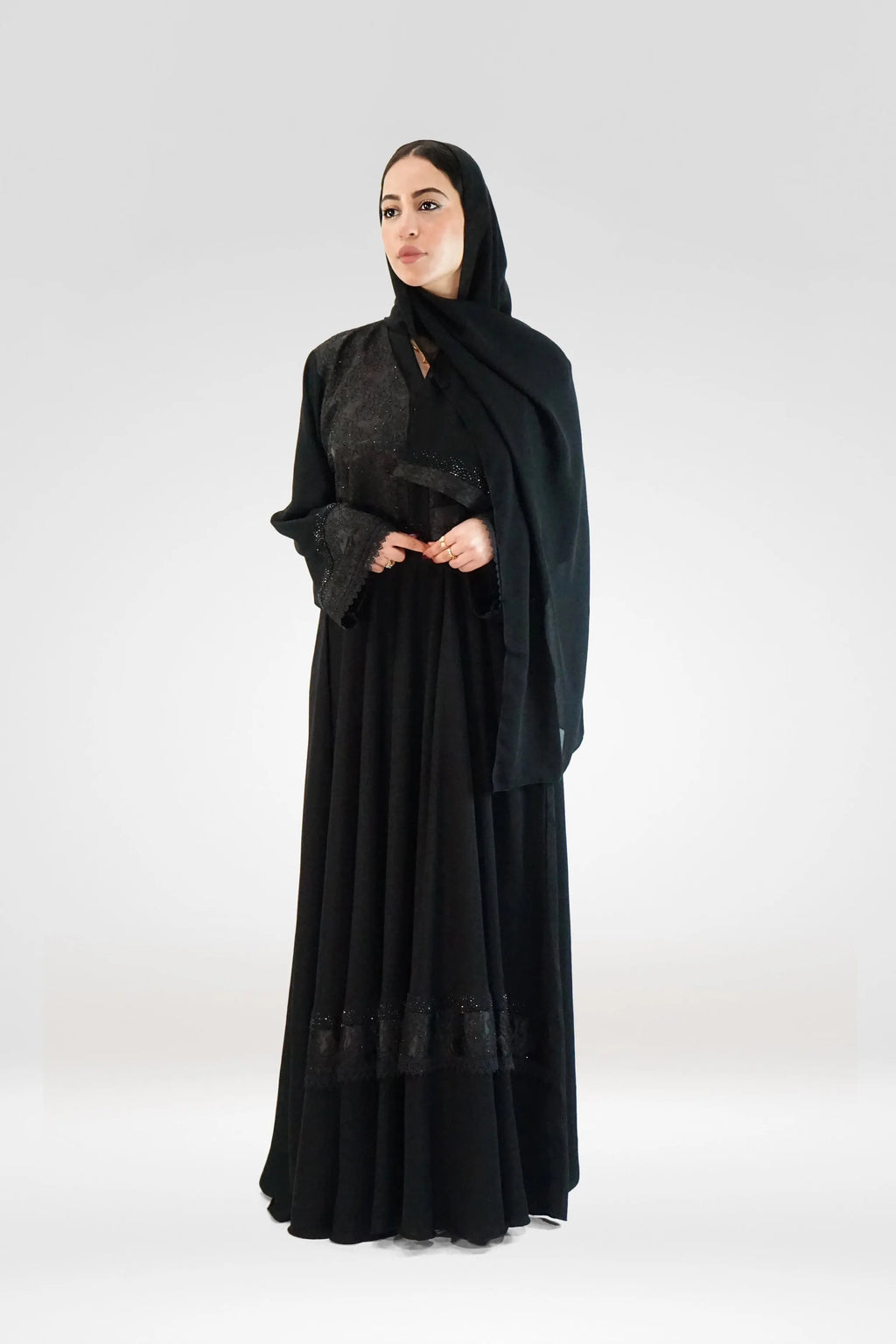 Black Umbrella Abaya with Stone Embellishments - almanaar Islamic Store