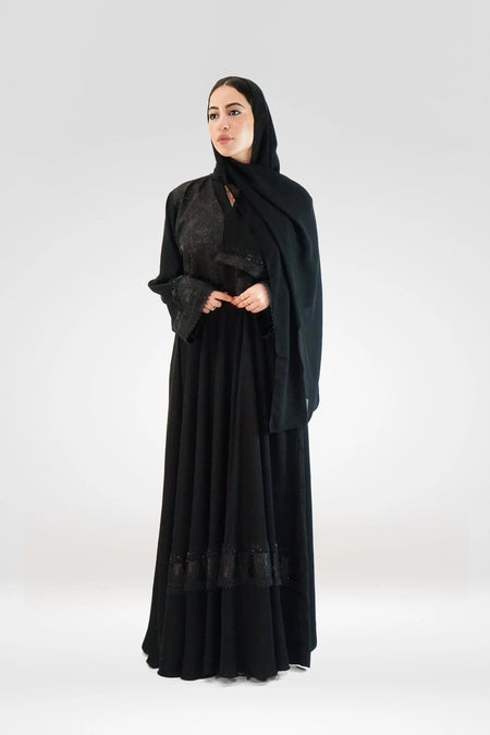 Black Umbrella Abaya with Stone Embellishments - almanaar Islamic Store