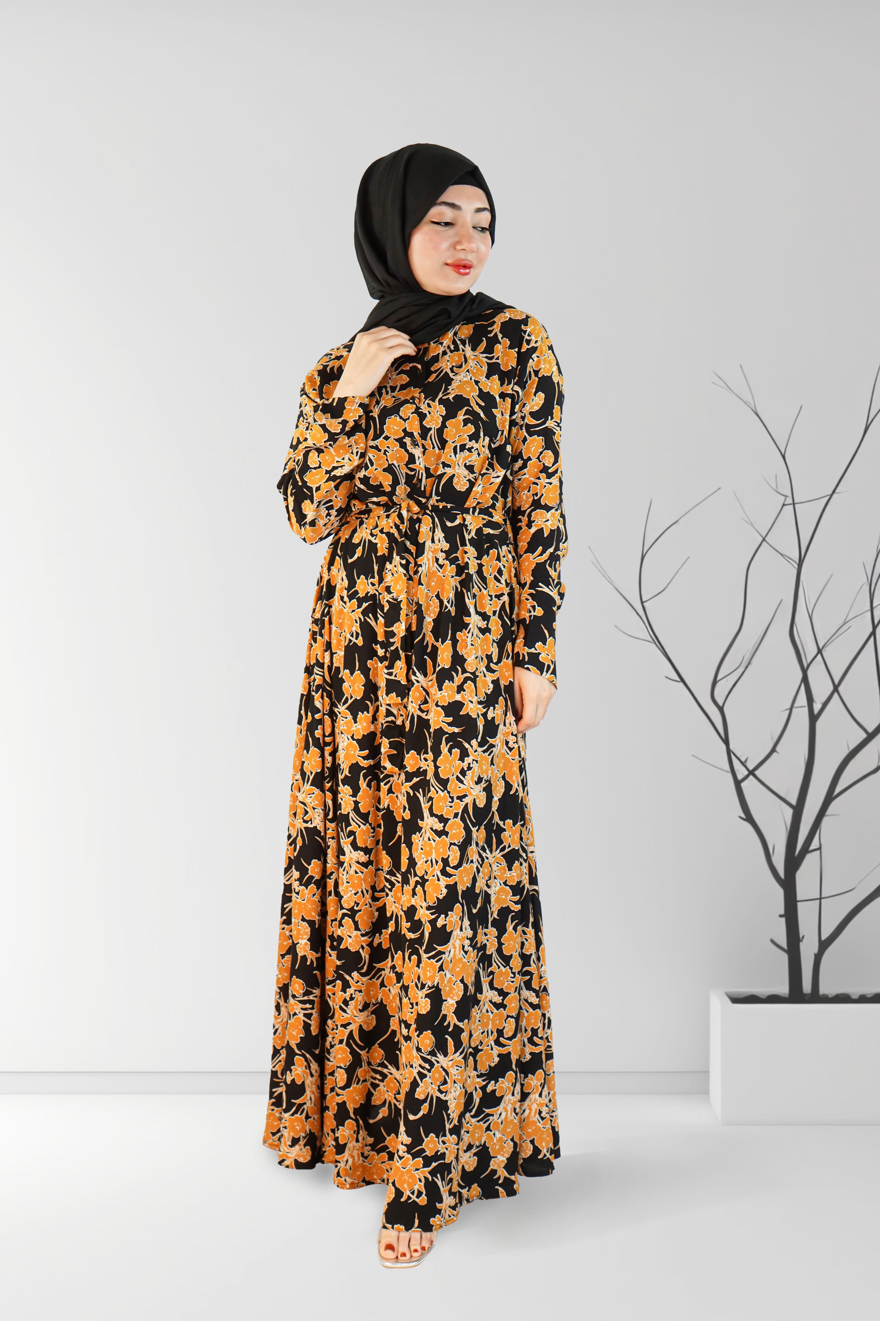 Printed Floral Long Dress Black and Mustard | Almanaar Islamic Store