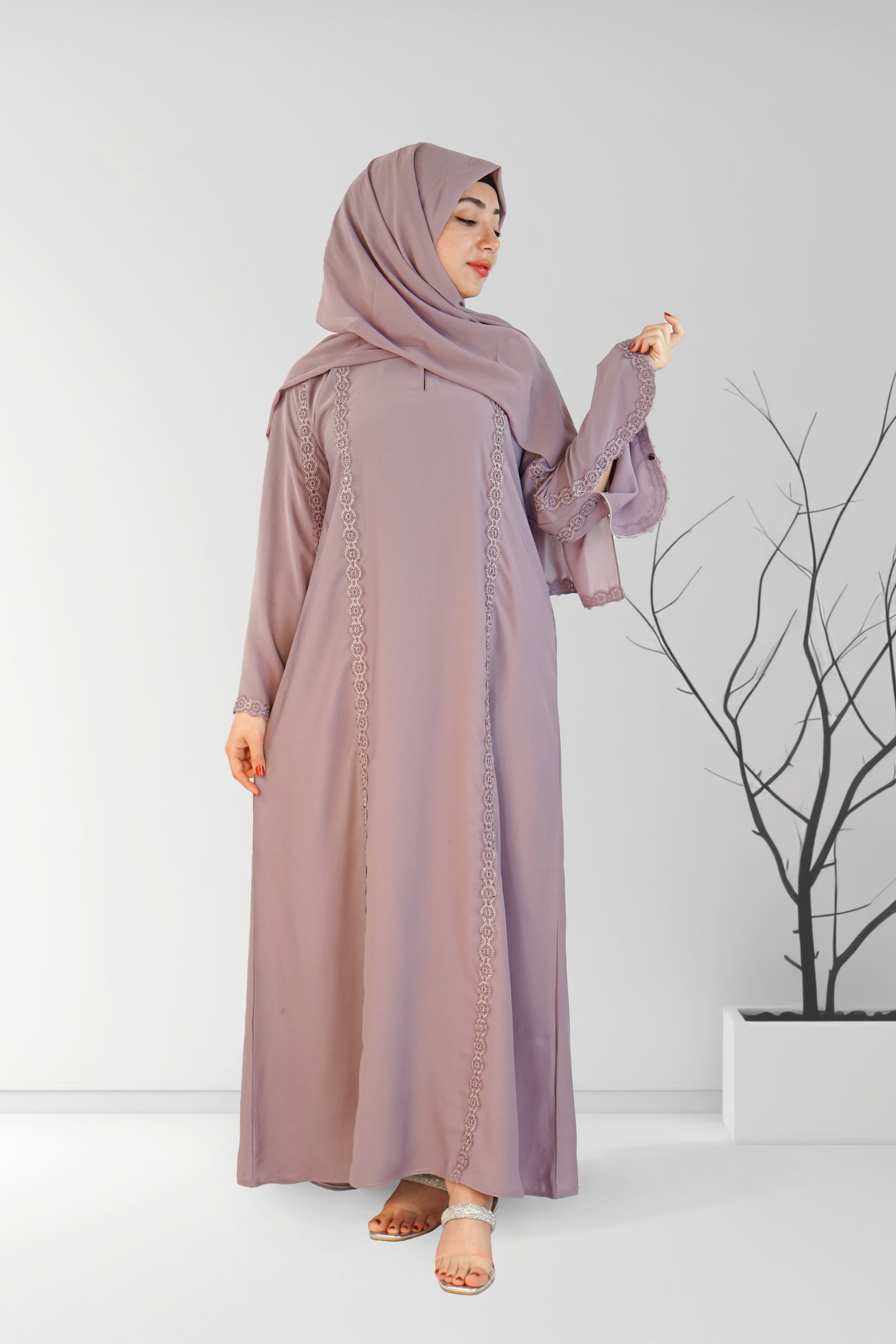 Flower Lace One Button Luxury Abaya Lilac | Almanaar Islamic Store