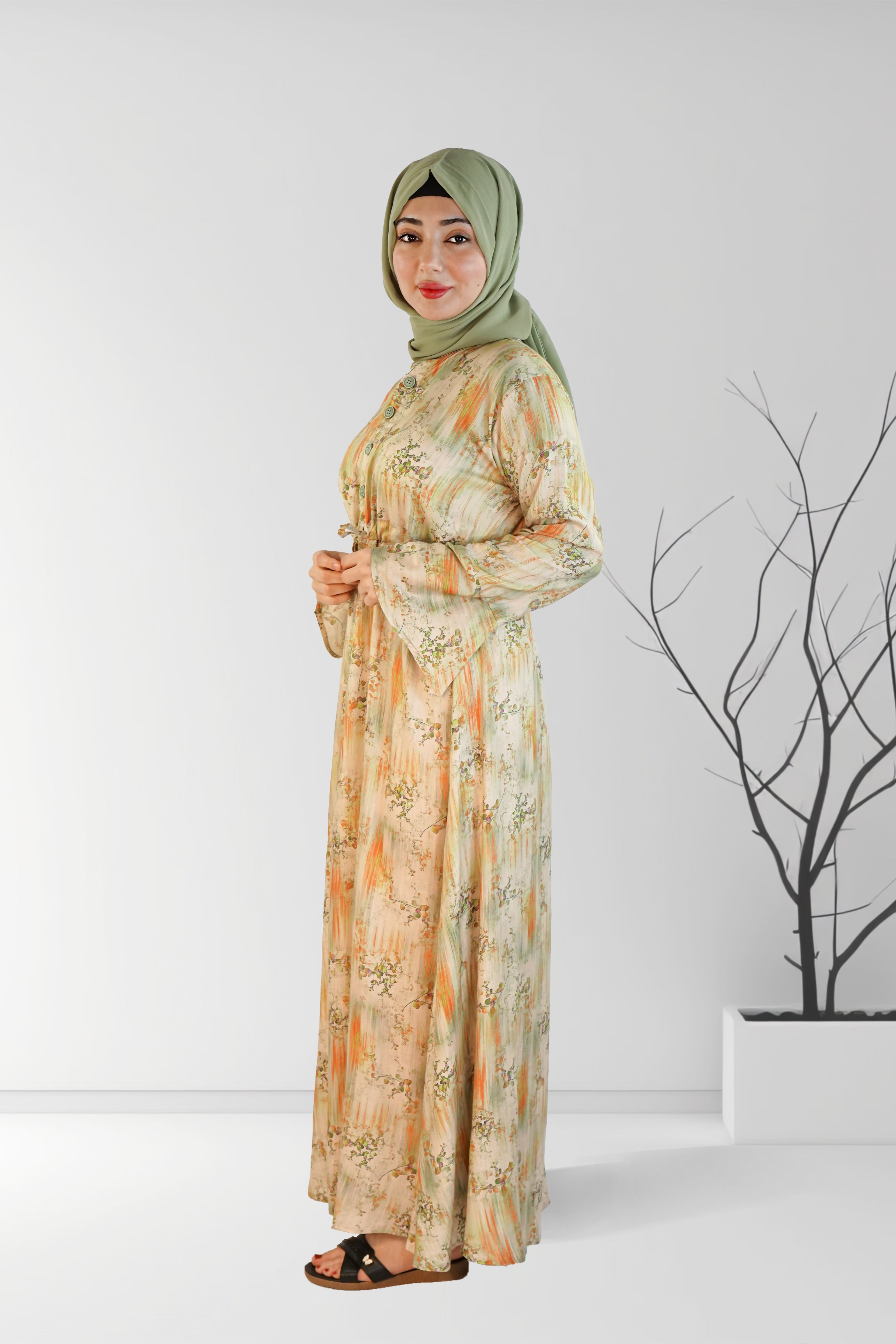 Floral Printed Long Dress with belt | Almanaar Islamic Store