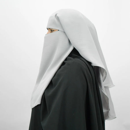 3 Layer Tie Back Niqab Grey-almanaar Islamic Store