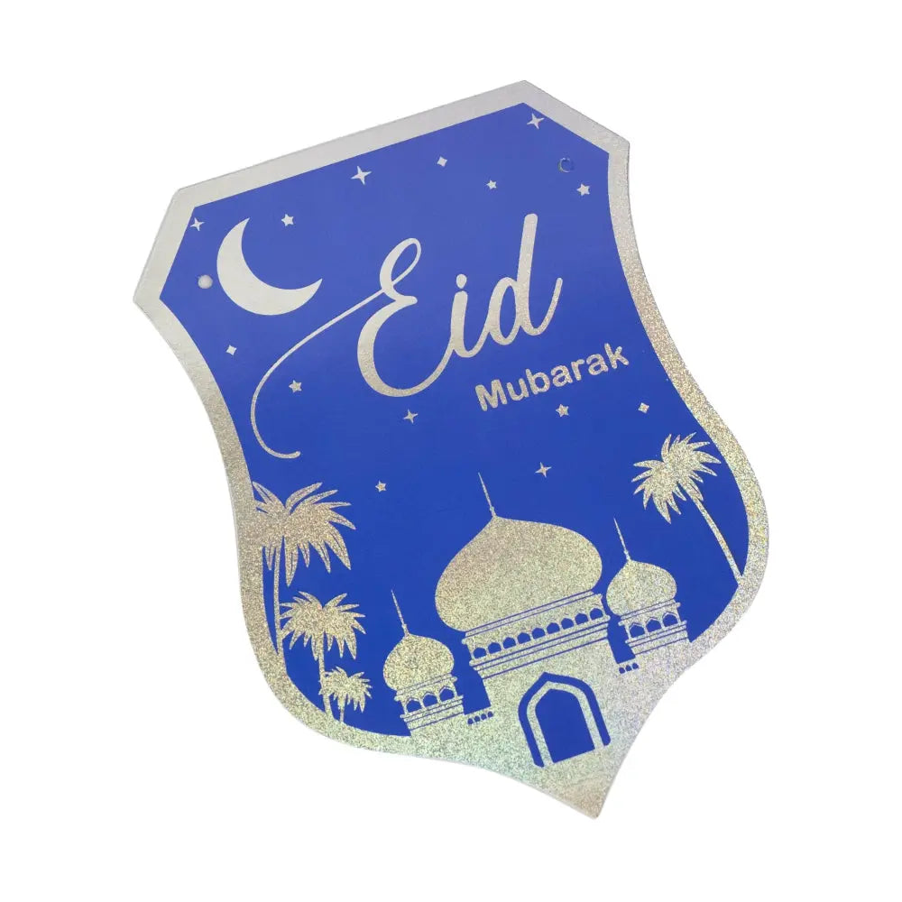 Eid Mubarak Silver and Blue Stamping Foil Paper Banner - almanaar Islamic Store