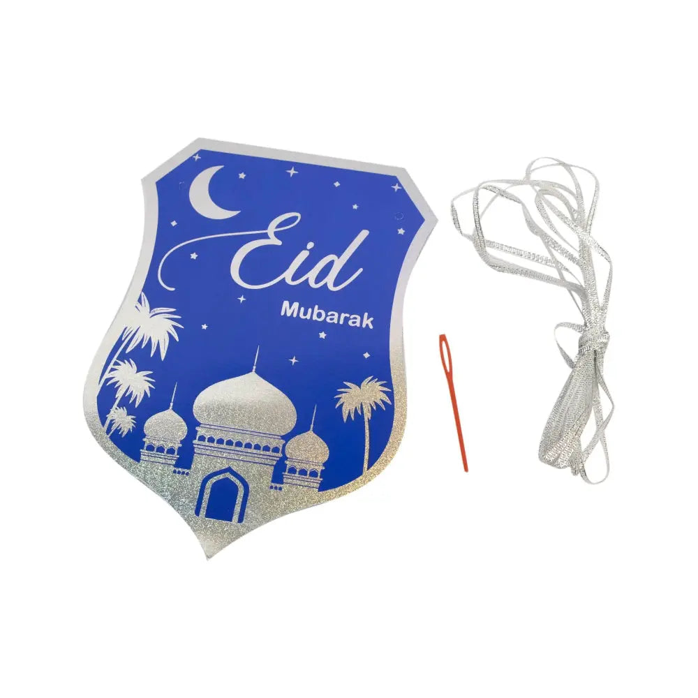 Eid Mubarak Silver and Blue Stamping Foil Paper Banner - almanaar Islamic Store