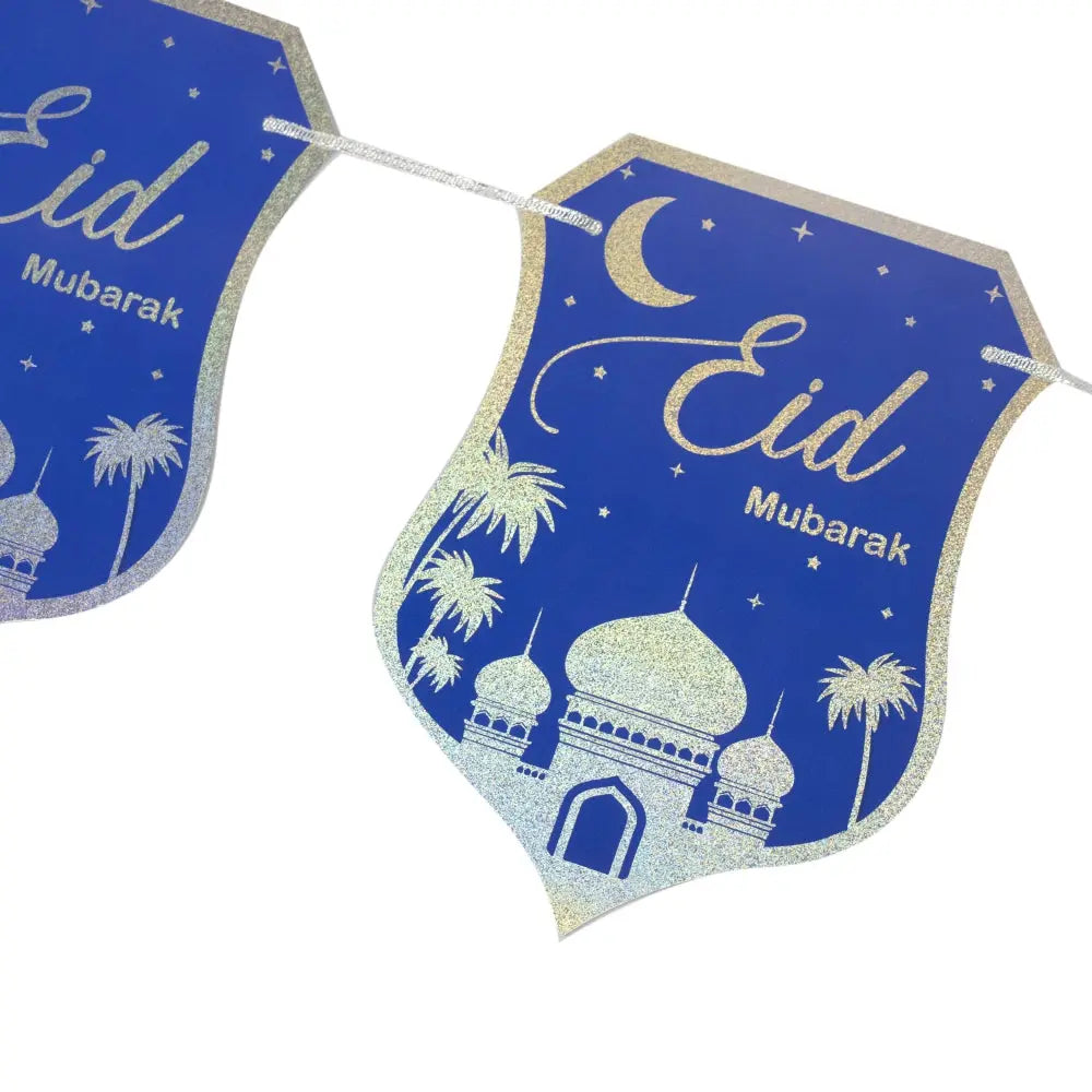 Eid Mubarak Silver and Blue Stamping Foil Paper Banner - almanaar Islamic Store