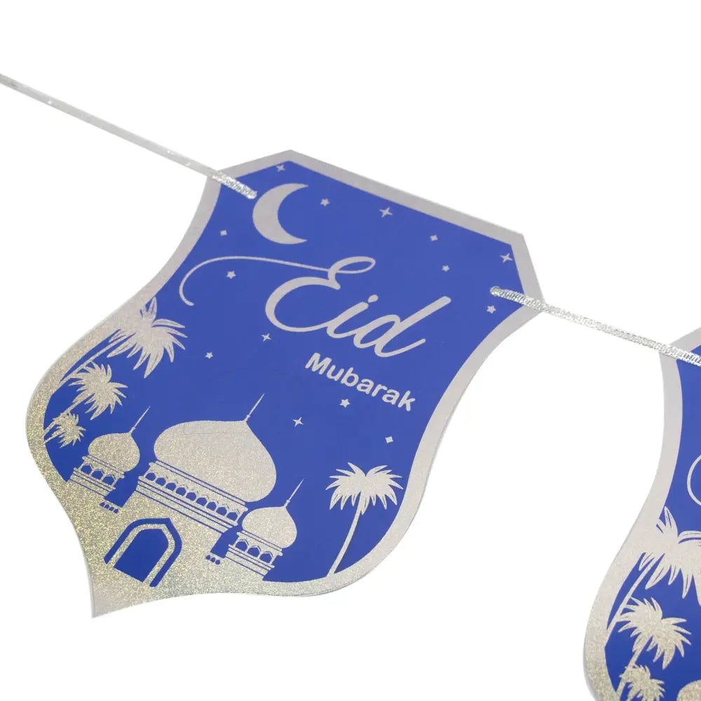 Eid Mubarak Silver and Blue Stamping Foil Paper Banner - almanaar Islamic Store