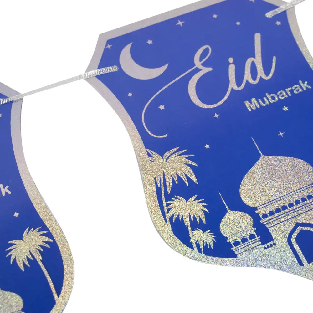 Eid Mubarak Silver and Blue Stamping Foil Paper Banner - almanaar Islamic Store