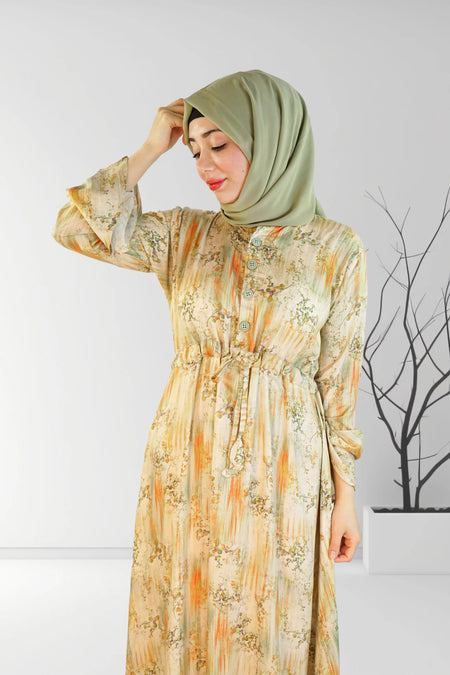 Floral Printed Long Dress with belt | Almanaar Islamic Store