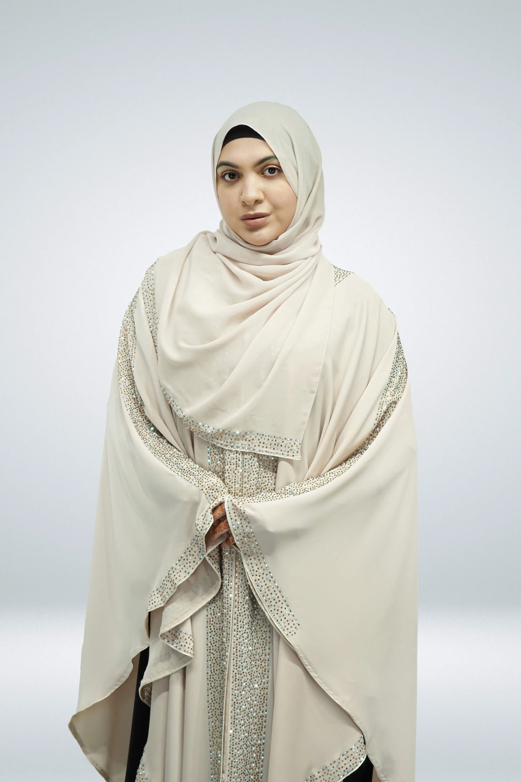 Beige Open Farasha with Heavy Stone Work Border - almanaar Islamic Store