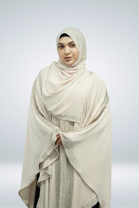 Beige Open Farasha with Heavy Stone Work Border - almanaar Islamic Store