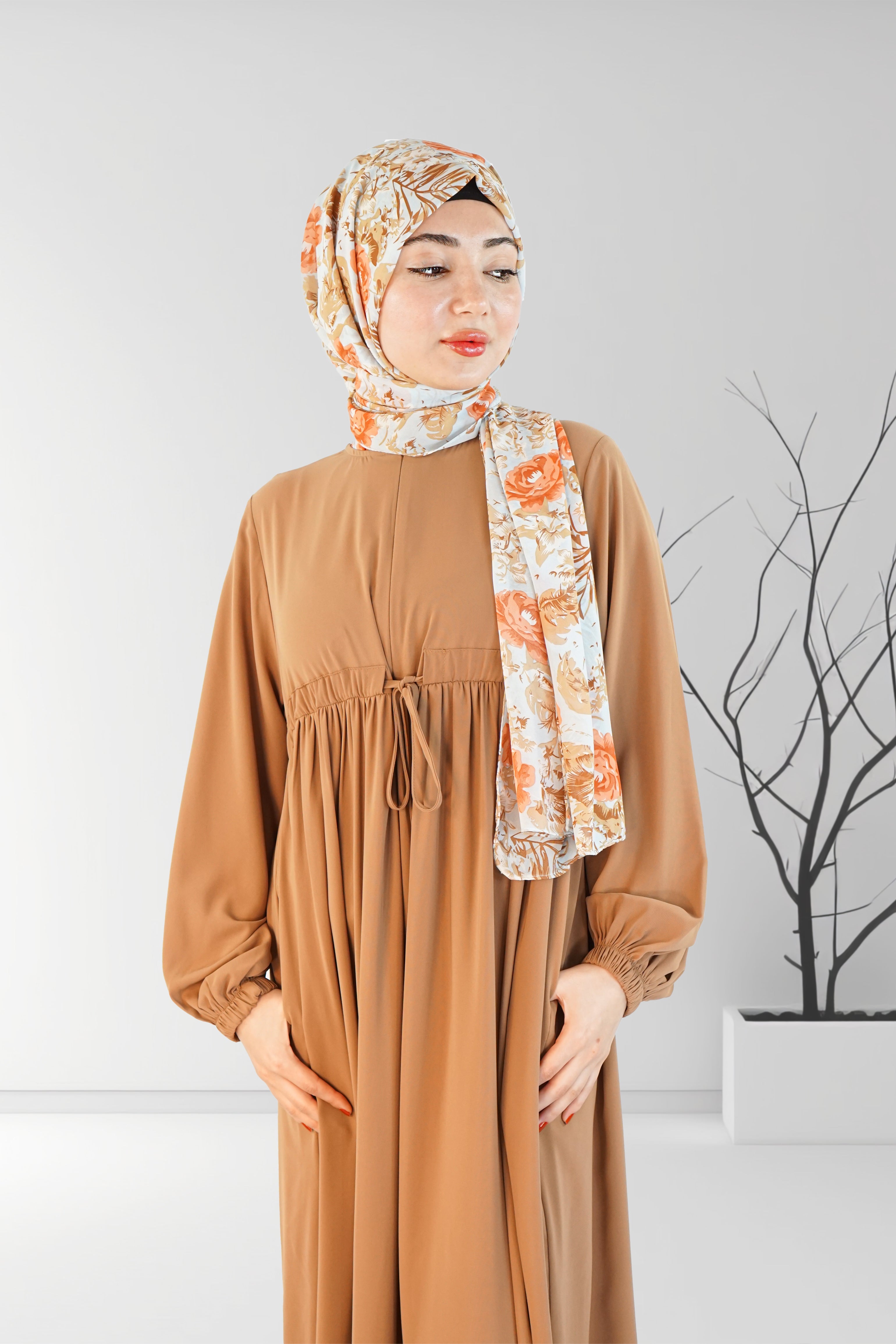 Long Summer Dress with Belt Caramel | Almanaar Islamic Store