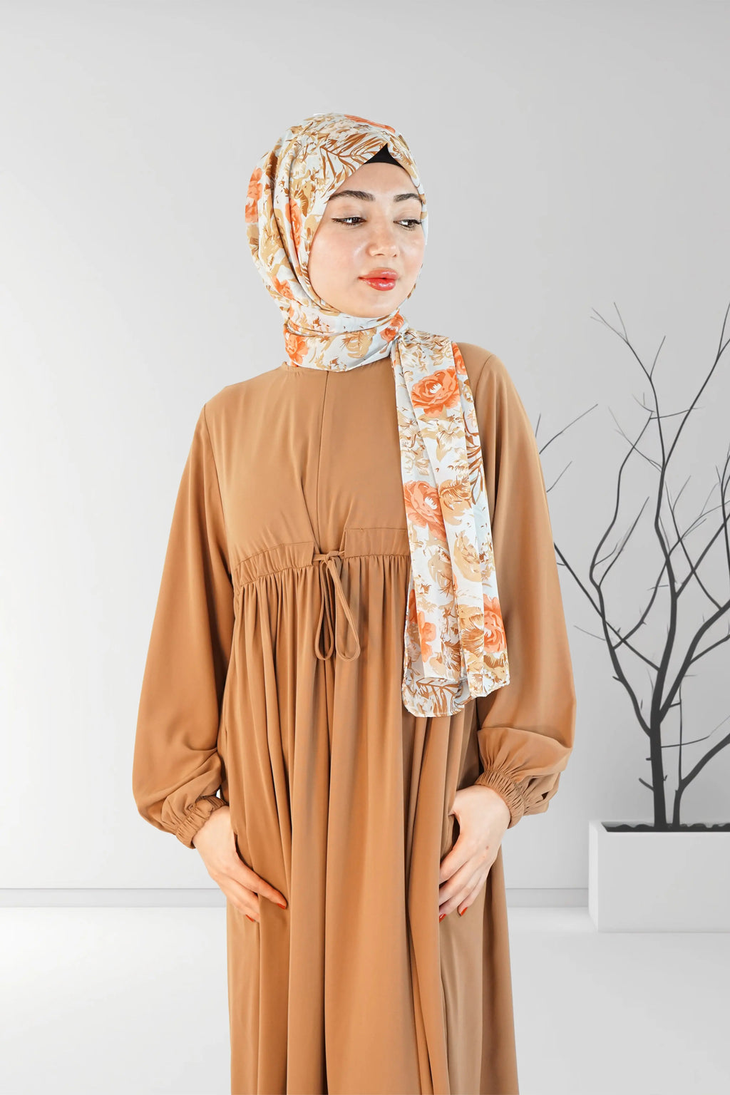 Long Summer Dress with Belt Caramel | Almanaar Islamic Store