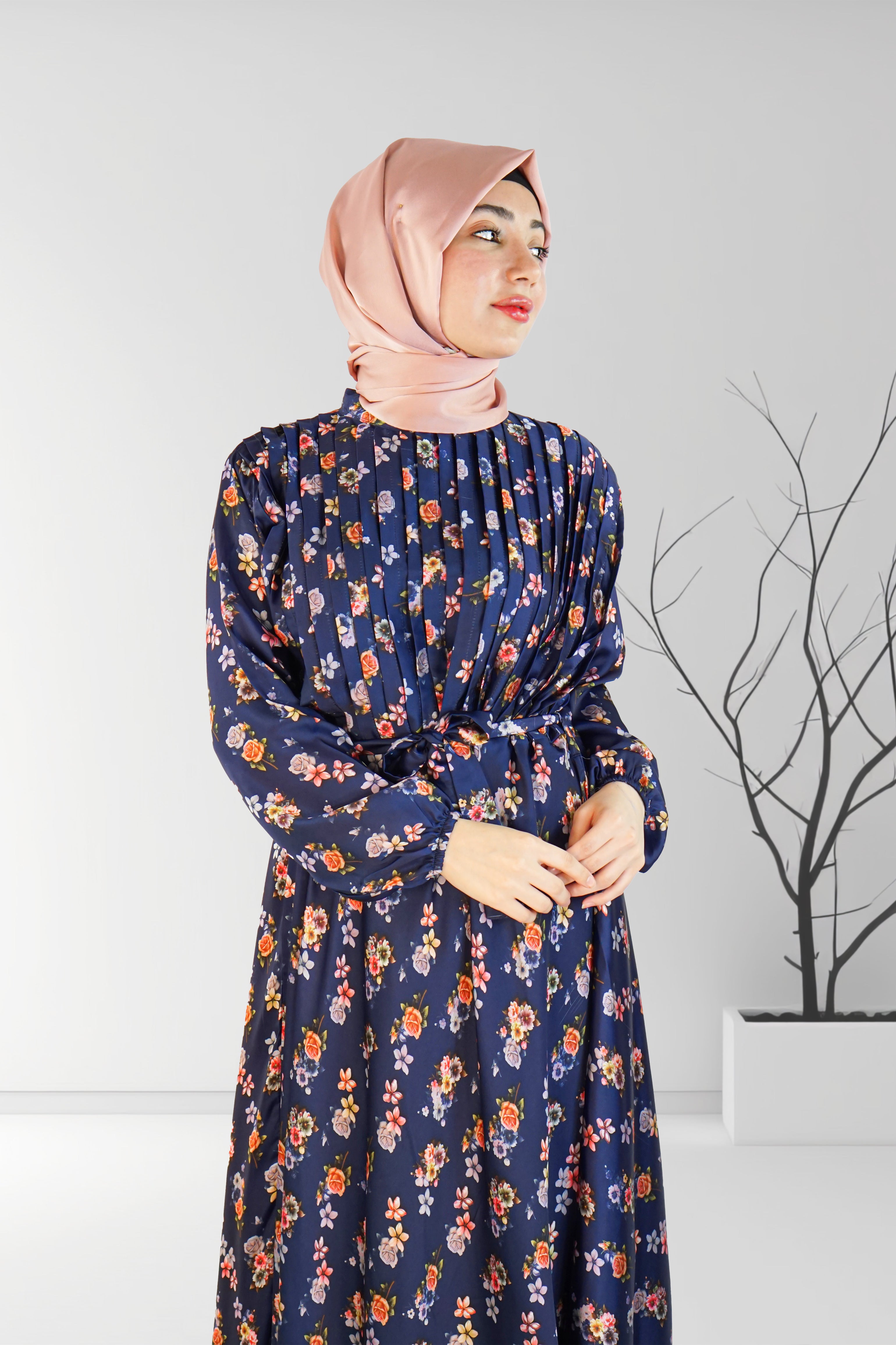 Satin Floral Printed Long Dress with Belt Navy | Almanaar Islamic Store