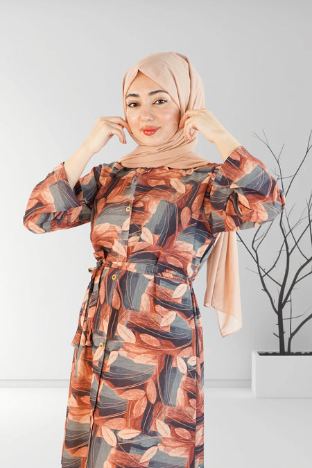 Printed Floral Long Dress with Open Button Collar Neck | Almanaar Islamic Store