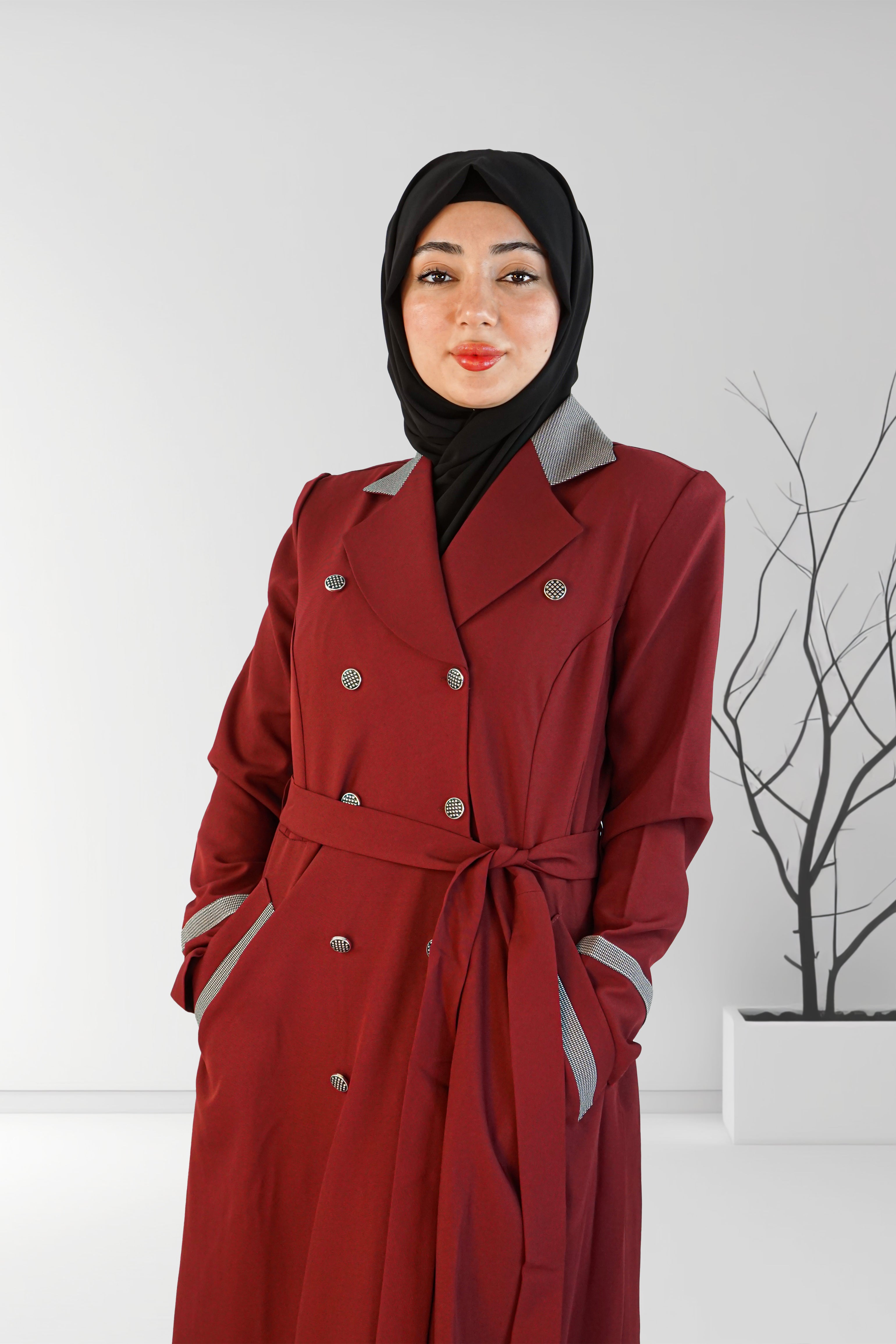 Short Check Collar Stylish Coat Maroon | Almanaar Islamic Store