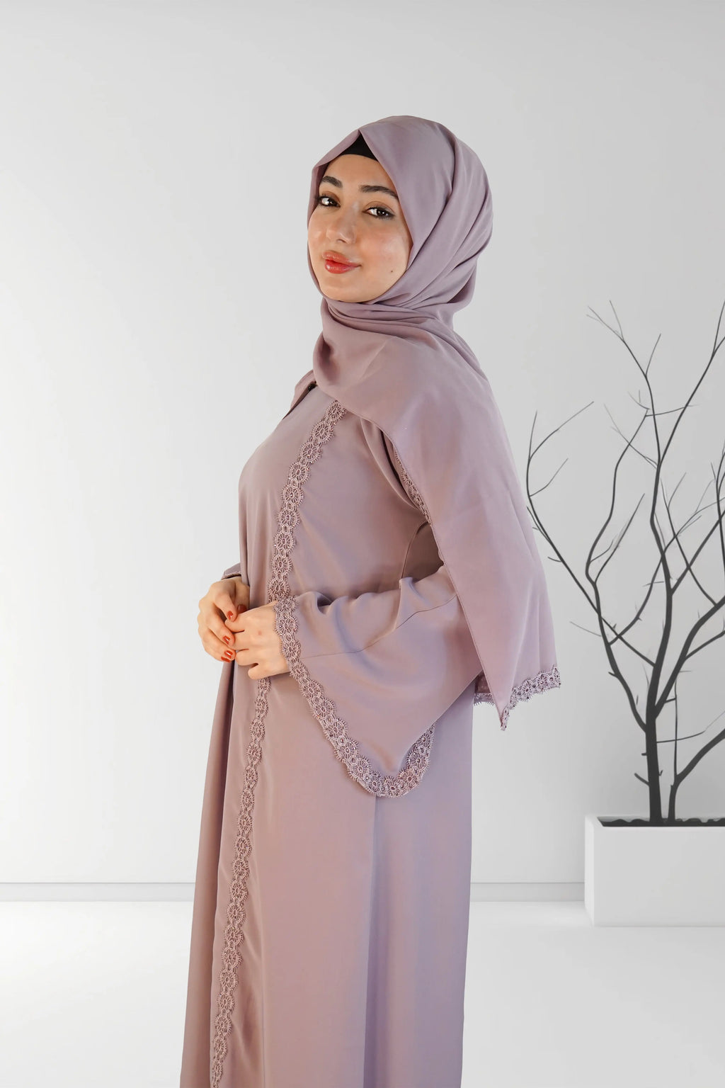 Flower Lace One Button Luxury Abaya Lilac | Almanaar Islamic Store