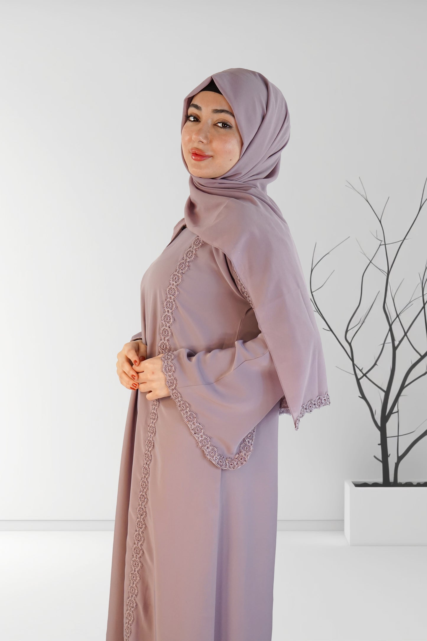 Flower Lace One Button Luxury Abaya Lilac | Almanaar Islamic Store