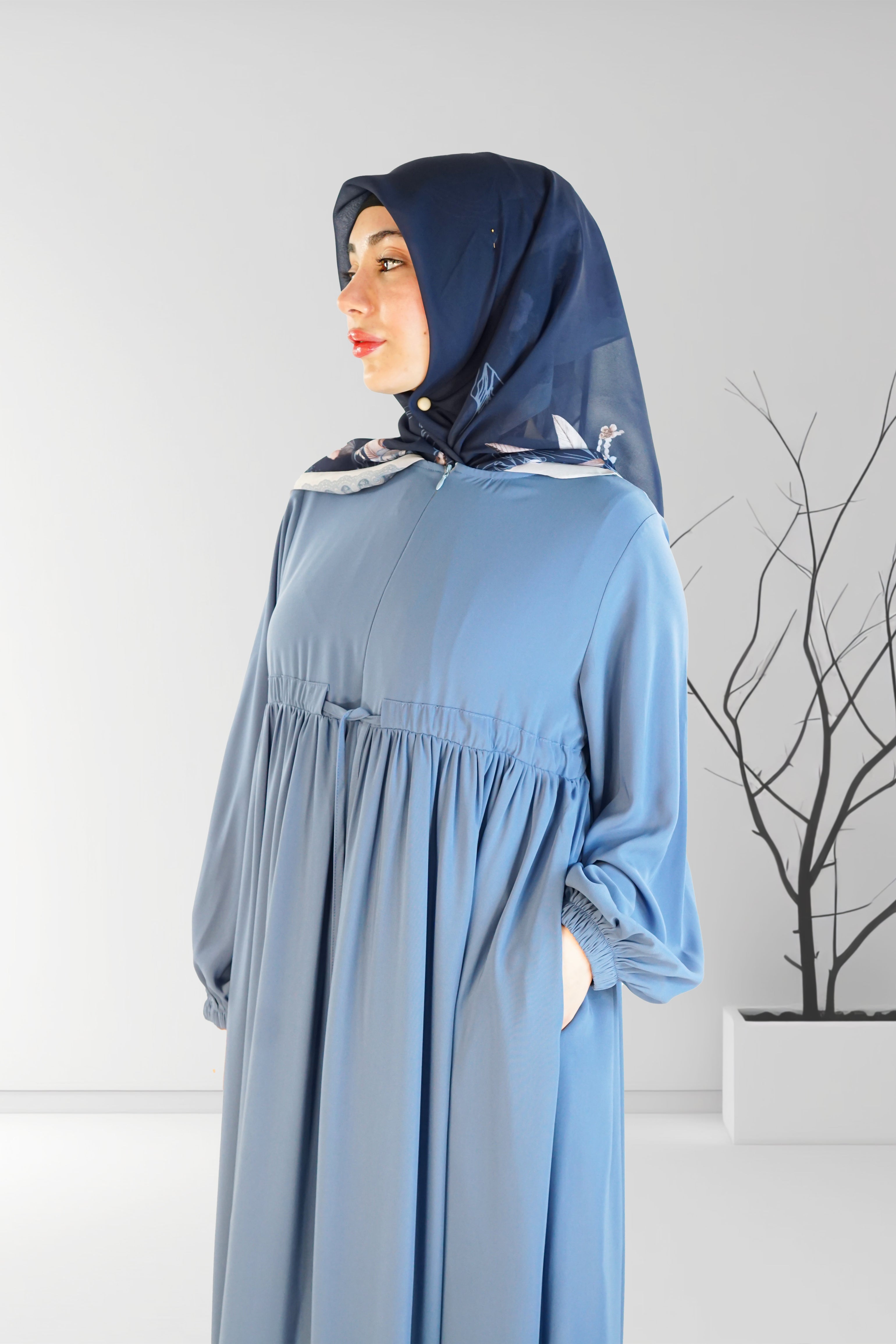 Long Summer Dress with Belt Sky Blue | Almanaar Islamic Store