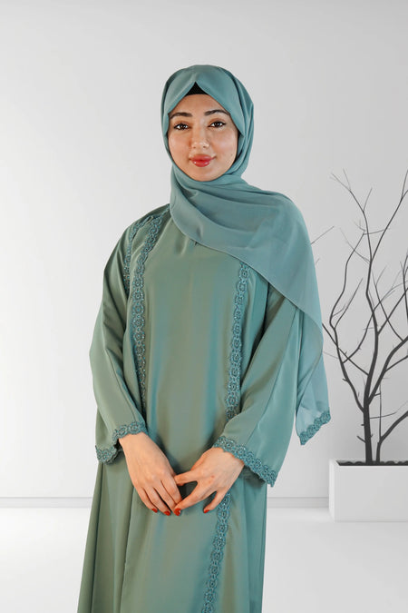 Flower Lace One Button Luxury Abaya Sea Green | Almanaar Islamic Store