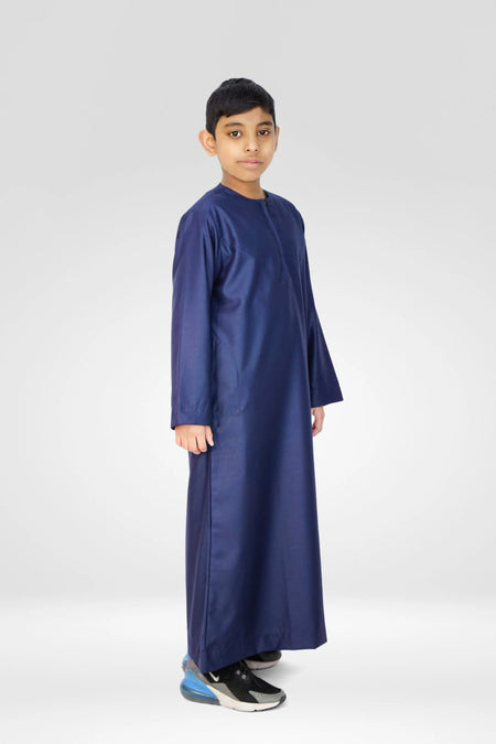 Omani Style Collarless Kids’ Thobe with Zip – Navy - almanaar Islamic Store