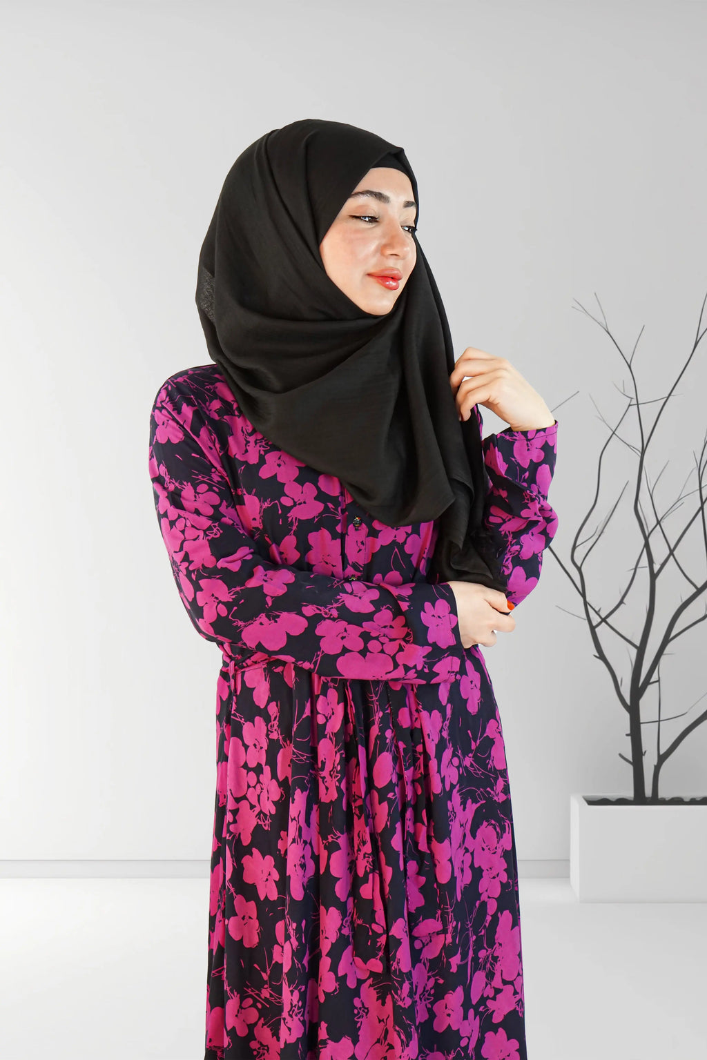 Printed Floral Long Dress Purple and Black | Almanaar Islamic Store