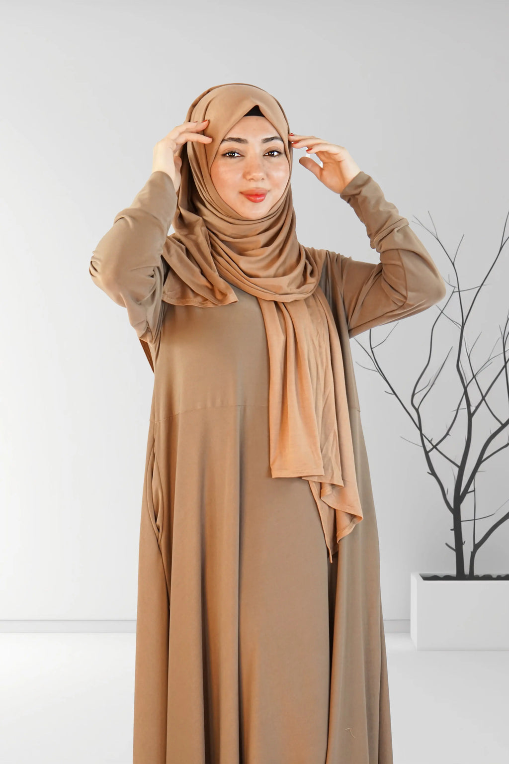 Caramel Flared Plain Jersey Abaya | Almanaar Islamic Store