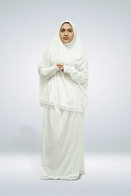 Two-Piece Prayer Cloth Set with Lace White - almanaar Islamic Store