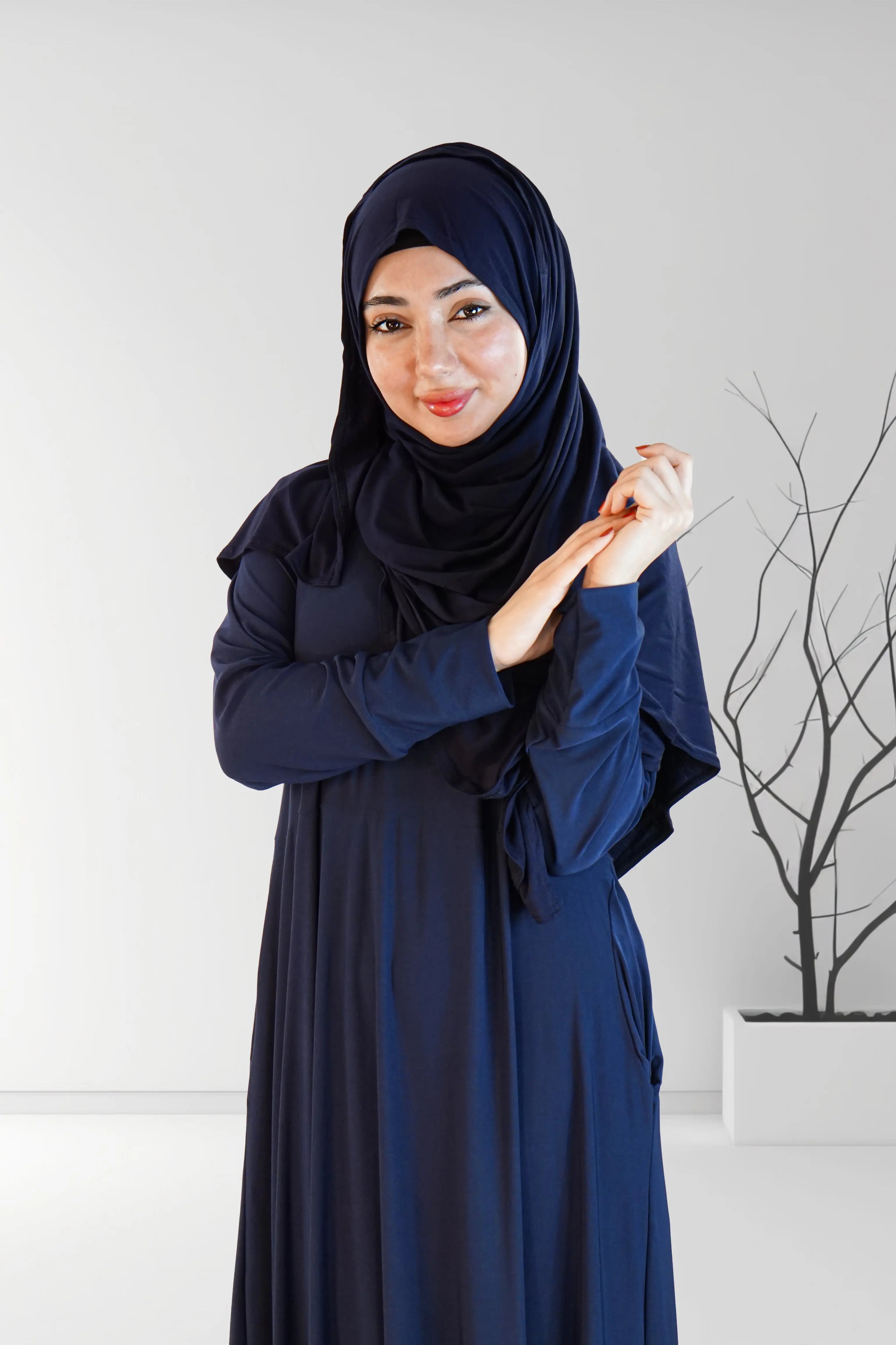 Navy Flared Plain Jersey Abaya | Almanaar Islamic Store