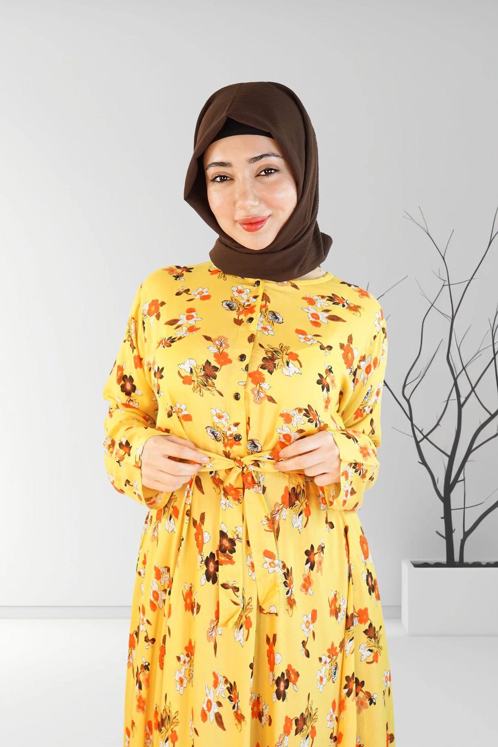 Floral Printed Long Dress with Belt Yellow | Almanaar Islamic Store