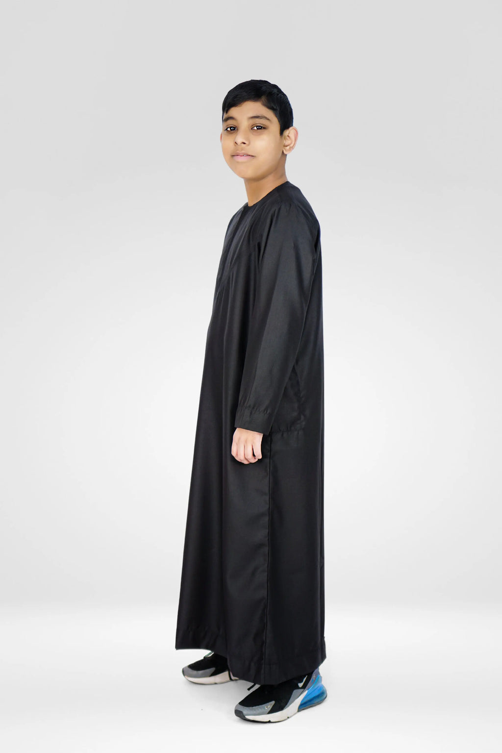 Omani Style Collarless Kids Thobe with Zip- Black almanaar